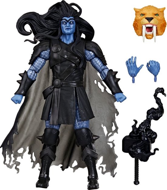 Black Winter (Thor) figuur met blauwe huid, zwart pantser, grijze mantel, wisselbare handen en hamer.