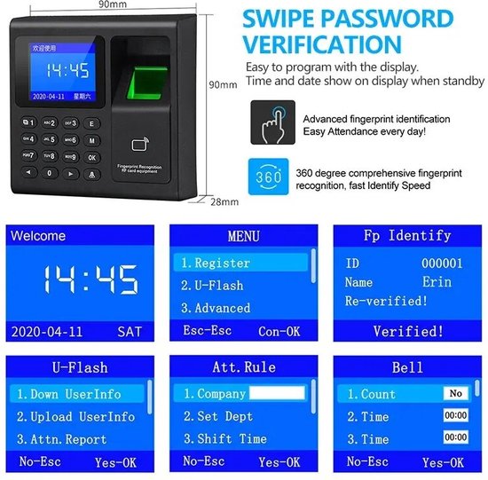 Terminal BODOLF Horloge Biométrique Pour Entreprises - Reconnaissance Faciale Et Empreintes Digitales - Sans Abonnement Pointage Employés