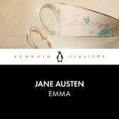 Twee porseleinen kopjes met blauwe bloemen en gouden rand. PENGUIN CLÁSICOS JANE AUSTEN EMMA.