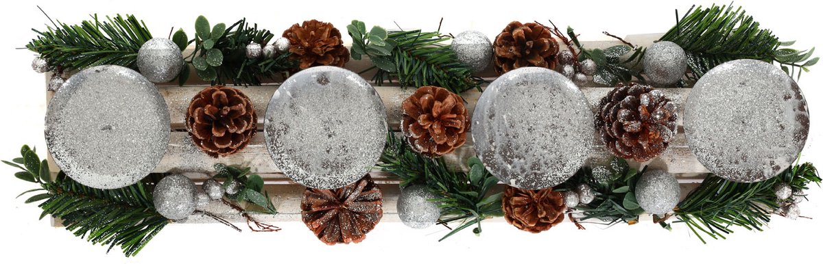Advent arrangement MCW-M12 met kaarsenhouders, adventskrans kerstdecoratie hout zilver wit 18x49x13cm ~ zonder kaarsen – foto 4