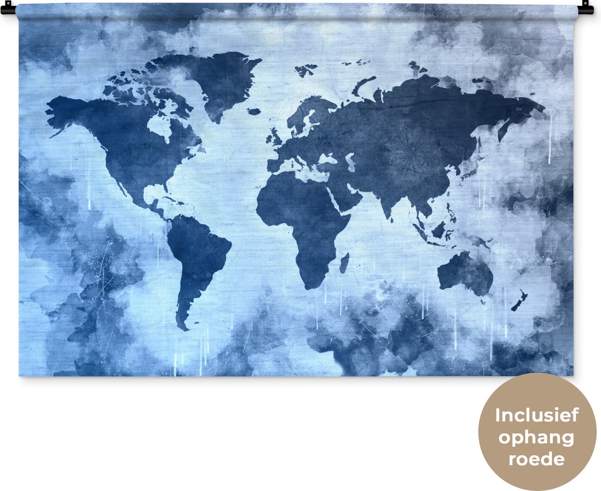 Wandkleed WereldkaartenKerst illustraties - Wereldkaart met blauwe en donkerblauwe verf op achtergrond met structuurpatroon Wandkleed katoen 120x80 cm - Wandtapijt met foto