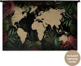 Wandkleed WereldkaartenKerst illustraties - Zandkleurige wereldkaart op een zwarte achtergrond versierd met roze bloemen en bladeren Wandkleed katoen 150x100 cm - Wandtapijt met foto