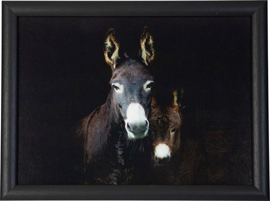 Zwart dienblad met een schilderij van twee donkere ezels met lichte snuiten en manen.