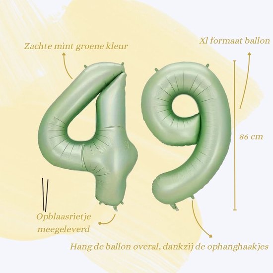 Xl formaat zacht mintgroene ballon in de vorm van het cijfer 49, 86 cm hoog. Opblaasrietje meegeleverd.