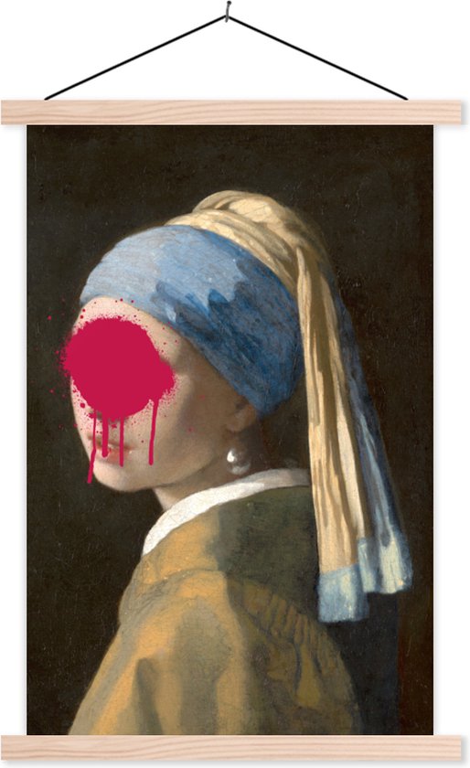 Posterhanger incl. Poster - Schoolplaat - Meisje met de parel - Johannes Vermeer - Roze - 60x90 cm - Blanke latten - TextilePosters