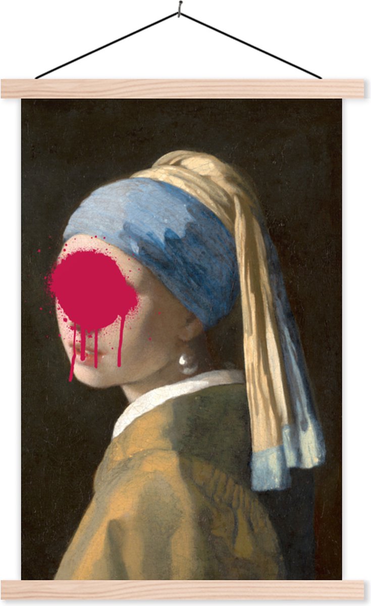 Posterhanger incl. Poster - Schoolplaat - Meisje met de parel - Johannes Vermeer - Roze - 60x90 cm - Blanke latten - TextilePosters