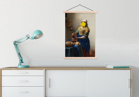 Posterhanger incl. Poster - Schoolplaat - Melkmeisje - Johannes Vermeer - Verf - 60x90 cm - Blanke latten - TextilePosters