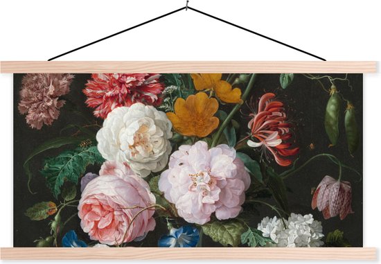 Posterhanger incl. Poster - Schoolplaat - Stilleven met bloemen in een glazen vaas - Schilderij van Jan Davidsz. de Heem - 150x75 cm - Blanke latten