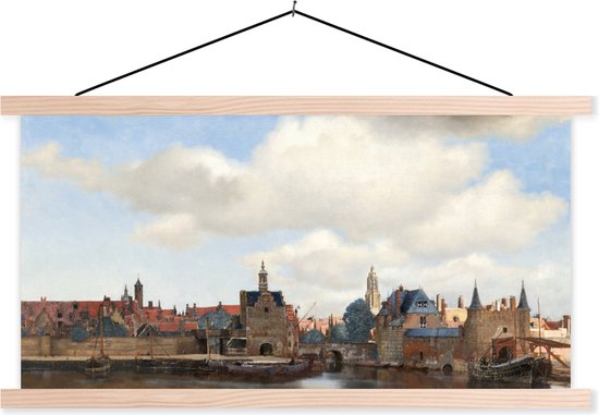 Posterhanger incl. Poster - Schoolplaat - Gezicht op Delft - Schilderij van Johannes Vermeer - 150x75 cm - Blanke latten