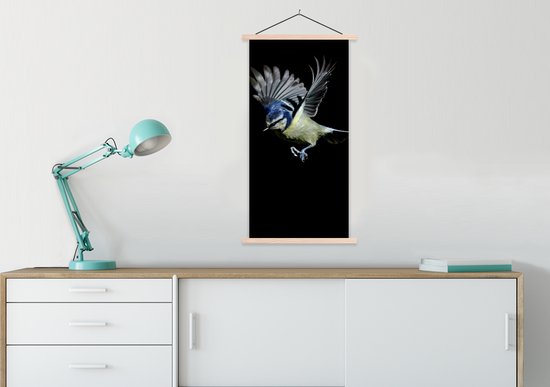 Posterhanger incl. Poster 60x120 cm - Schoolplaat - Vogel - Veren - Portret - Textielposter - Blanke latten