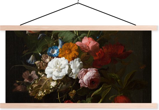 Posterhanger incl. Poster - Schoolplaat - Vaas met bloemen - Schilderij van Rachel Ruysch - 150x75 cm - Blanke latten