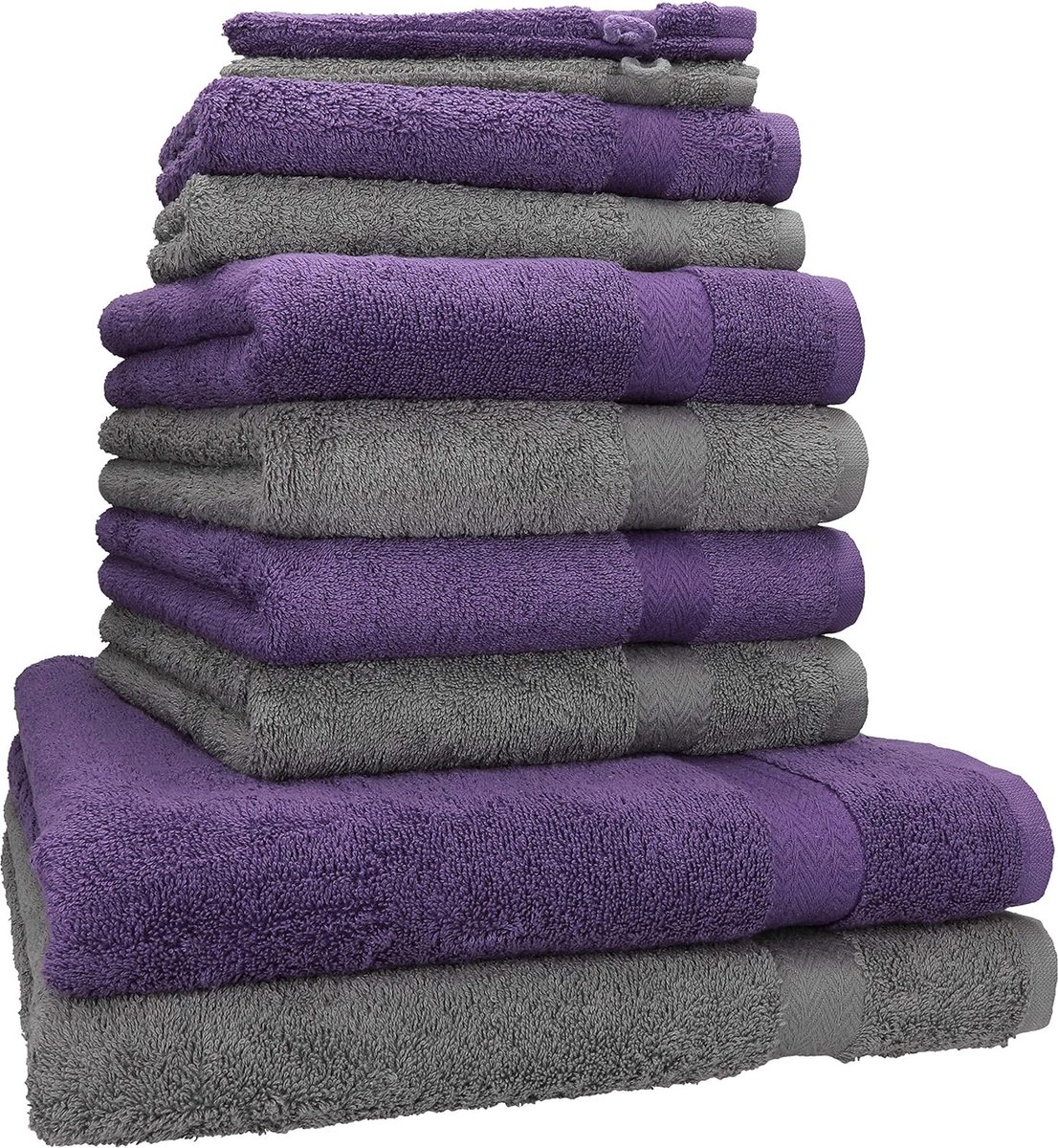 10-delige badstof handdoekenset - 2x douchehanddoeken - 4x handdoeken - 2x gastendoekjes - 2x washandjes - kleur paars & antraciet