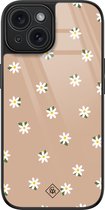 Coque en verre iPhone 15 - Marguerites douces - Marron/beige - Hard Case Zwart - Coque arrière téléphone - Plantes - Casimoda