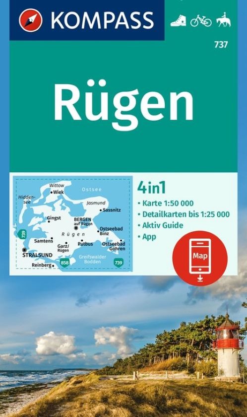 Kaart van Rügen met een vuurtoren en de kustlijn.