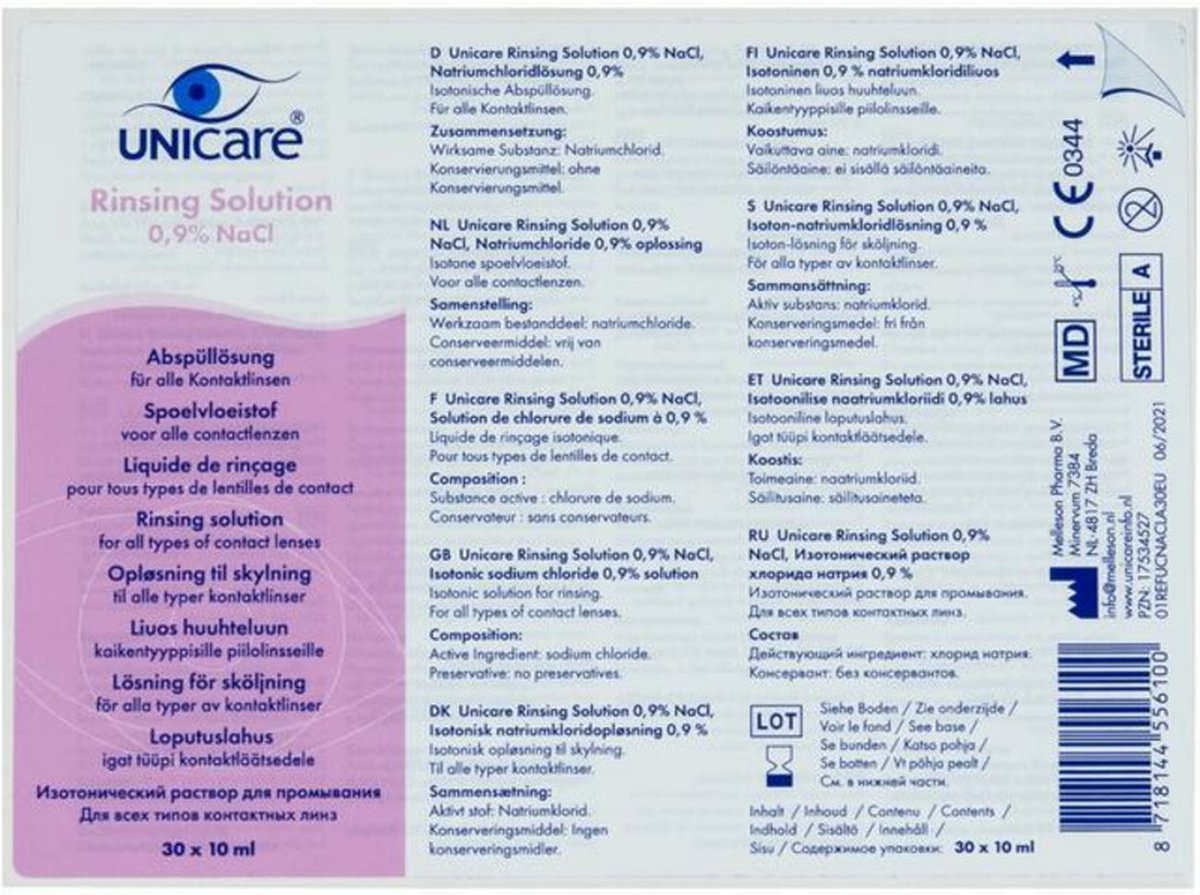 Unicare Saline 0,9% NaCl - Ampullen 30 x 10 ml - Zonder Conserveringsmiddelen - Premium Oogverzorging uit Nederland