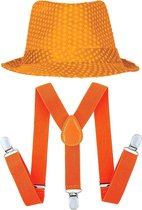 Carnaval verkleedset Partyman - glitter hoedje en bretels - oranje - heren - verkleedkleding
