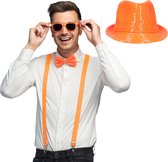 Toppers - Carnaval verkleedset Supercool - hoedje/bretels/bril/strikje - oranje - heren/dames - glimmend - verkleedkleding accessoires