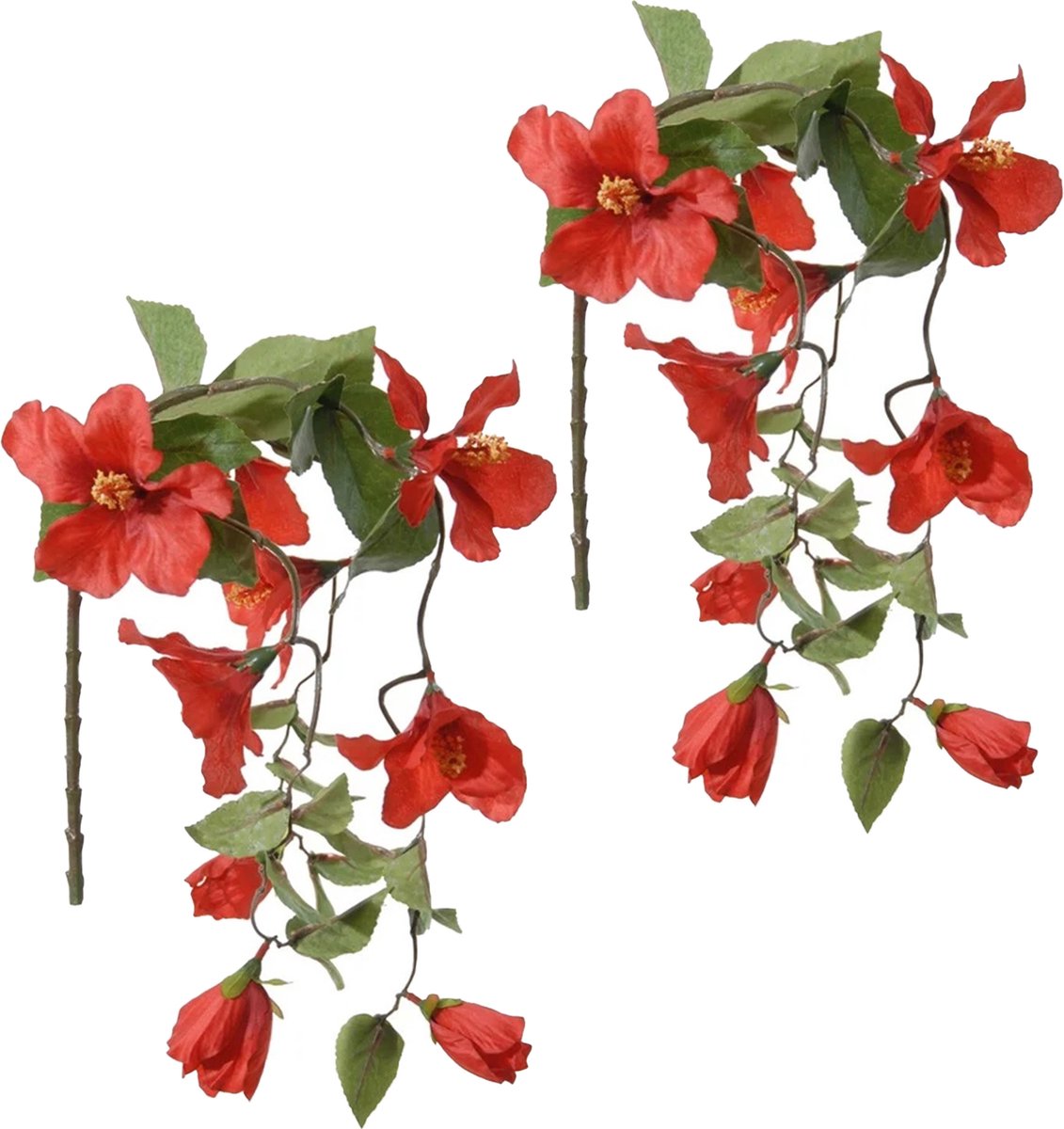 Louis Maes Hibiscus kunstbloemen - 2x - rood - hangende tak - 165 cm - zomer decoratie - levensecht - pvc kunststof
