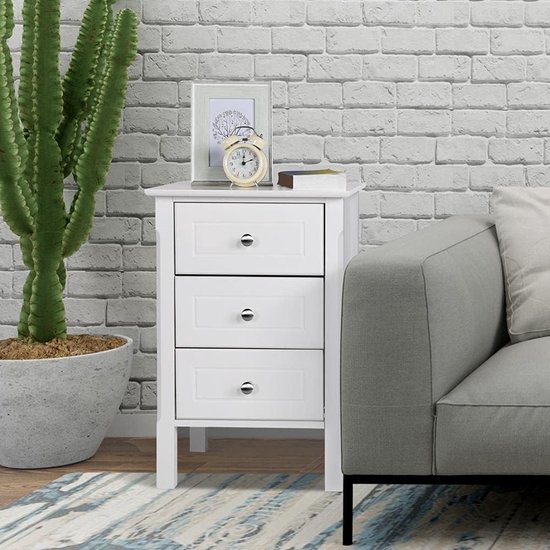 Yaheetech Nachtkastje Met 3 Laden - Modern Wit Houten Nachtkastje Voor Slaapkamer En Woonkamer