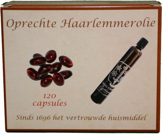 Bruine capsuleverpakking met Haarlemmmerolie, 120 capsules en een flesje.