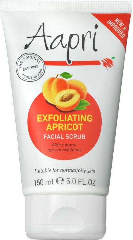 Witte tube met oranje en groene illustratie van abrikozen. Tekst: Aapri Exfoliating Apricot Facial Scrub.