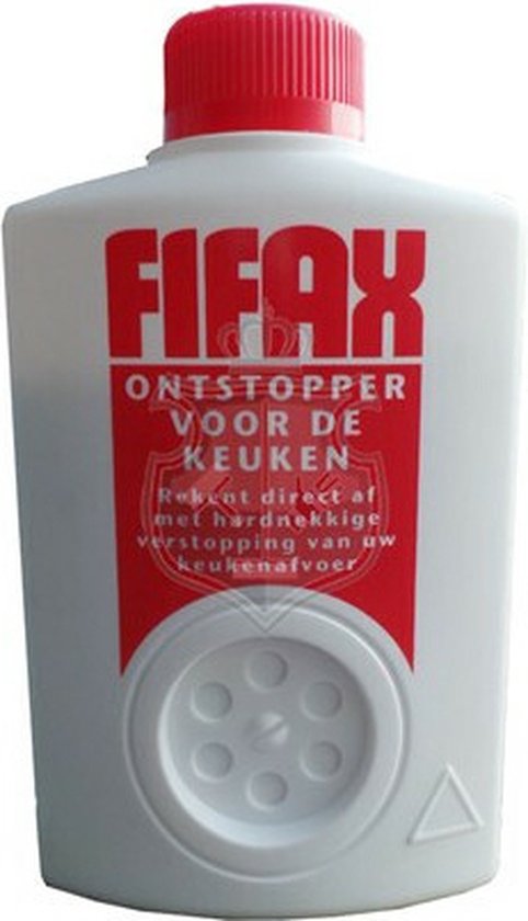 Witte fles met rode dop en rood label met de tekst FIFAX ONTSTOPPER VOOR DE KEUKEN.