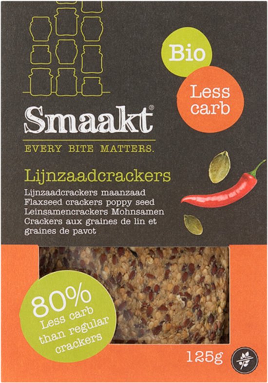 Verpakking met 'Smaakt' logo, rode peper en sesamzaad. Tekst: Lijnzaadcrackers maanzaad. 80% Less carb than regular crackers. 125g.