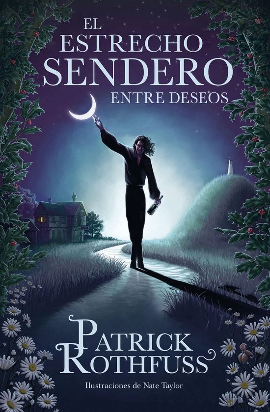 De omslag van 'El estrecho sendero entre deseos' toont een man in het zwart die langs een pad loopt met een halve maan aan de hemel.