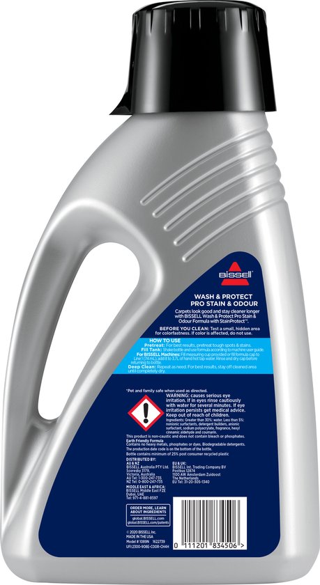 BISSELL Wash & Protect Pro Tapijtreiniger 1.5L - Geschikt voor SpotClean - Professionele Vlekken- en Geurverwijderaar met Beschermlaag - Geconcentreerde Reinigingsmiddel voor Tapijt en Bekleding - Verwijdert Hardnekkig Vuil - 1089N
