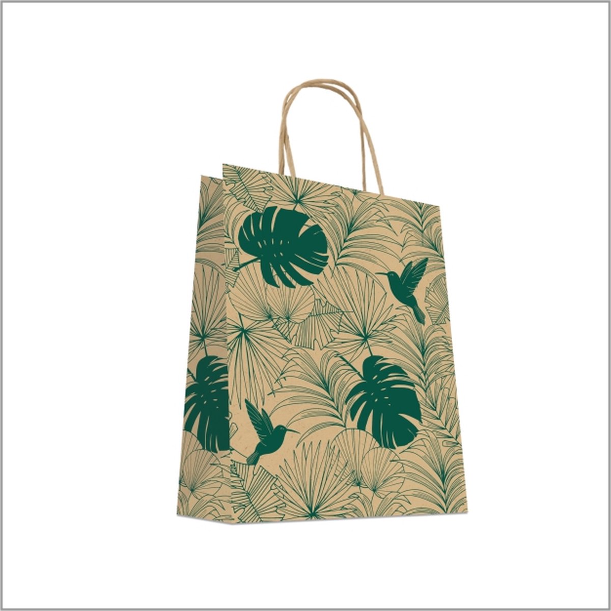 Papieren Draagtassen op graspapier - Botanische print - 50 Stuks - (24x12x31cm) - Tassen van gras papier - met gedraaide handvatten - Milieubewust