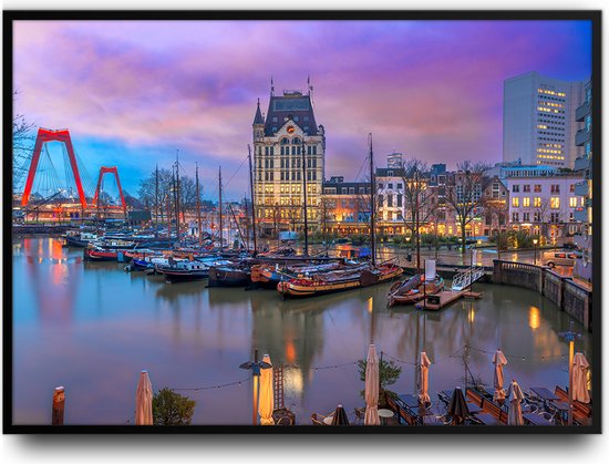 Oude Haven in Rotterdam bij schemering Fotolijst met glas 50 x 70 cm - Prachtige kwaliteit - Nederland - Foto - Poster - Glazen plaat ervoor - inclusief ophangsysteem