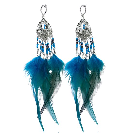 Klem -oorbellen -turquoise -veren -zilverkleur- geen gaatje- extra lang-Charme Bijoux
