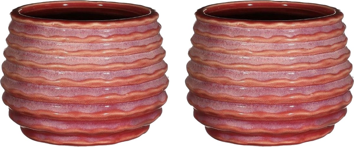 Ideas4seasons Bloempot/plantenpot Rise - 2x - ribbel - zachtroze - voor kamerplant - D16 x H13 cm