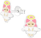 Joy|S - Zilveren engel oorbellen - 8 x 10 mm - engeltje wit roze - kerst oorbellen