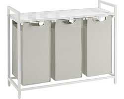 Wasmand 3 vakken – wassorteerder - uitschuifbaar met plank - 92.5 x 33 x 71 cm – wasmand - 168 L verdeeld over 3 zakken – wasmanden – wasmand wit metaal - wit hout