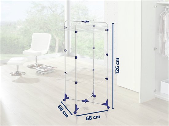 Witte droogtoren met blauwe details, met afmetingen 126x68x68 cm.