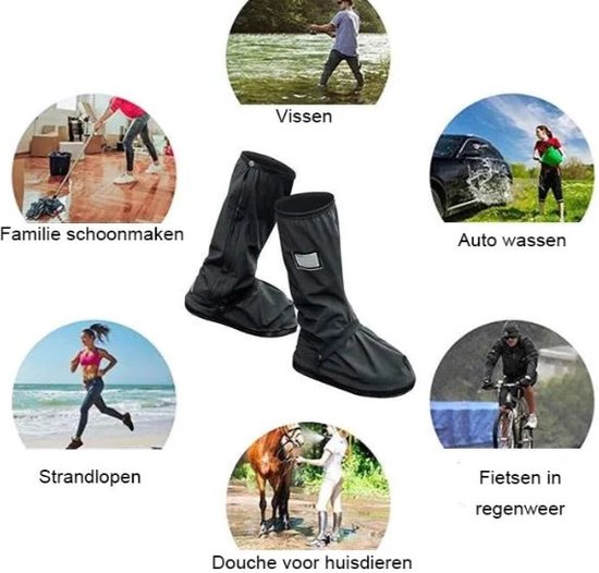 Zwarte overschoenen in gebruik voor vissen, auto wassen, strandlopen, douchen huisdieren, fietsen in regenweer en familie schoonmaken.