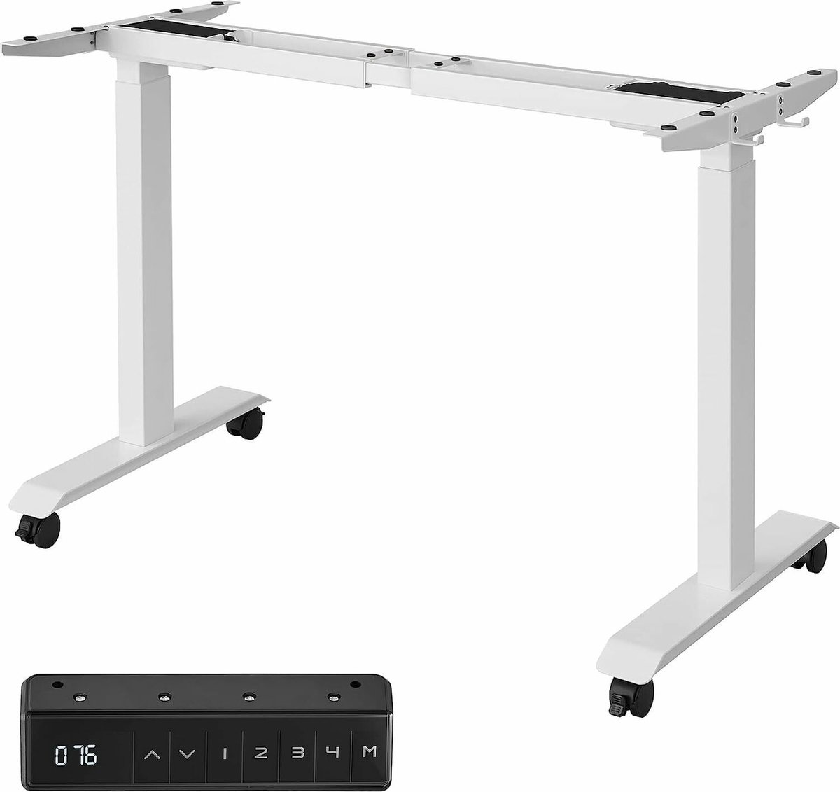 Hoppa! Verstelbaar zit-sta bureau elektrisch, zonder blad, 72-120 cm traploos verstelbaar, gesplitste plaat, geheugenfunctie met 4 hoogtes, oprijbeveiliging, wit frame