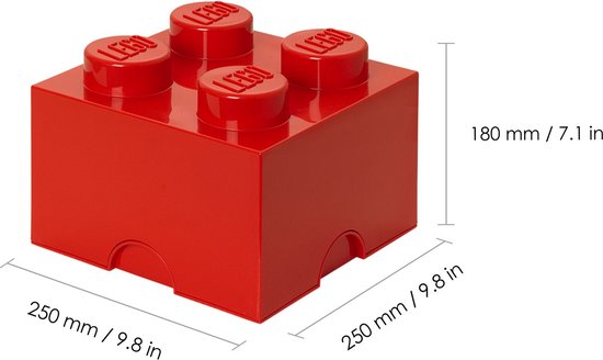 Een rode Lego-opbergdoos met 4 noppen, afmetingen 25 x 25 x 18 cm.