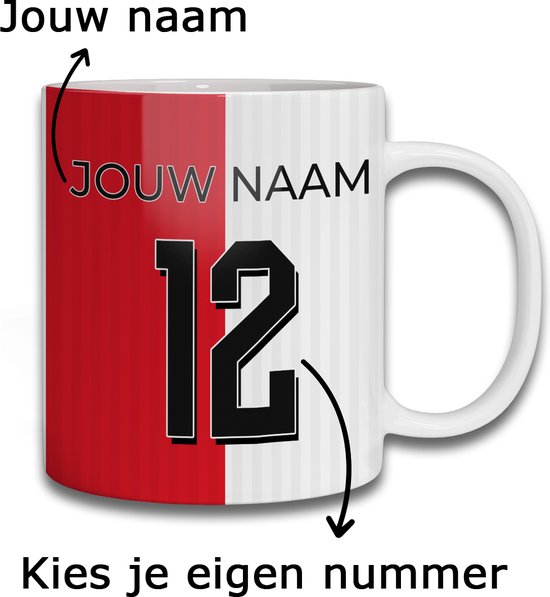 Feyenoord Mok - Gepersonaliseerd met naam en nummer - 325ml - Voetbal cadeau Mokken - Feyenoord Artikelen Shirt Mok - Kleurmedia.nl®