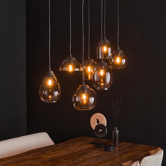 Lampe suspendue mix avec verre chromé | 7 lumières | 90x35x150cm | chrome | design contemporain | salle à manger salon | réglable en hauteur | éclairage d'ambiance