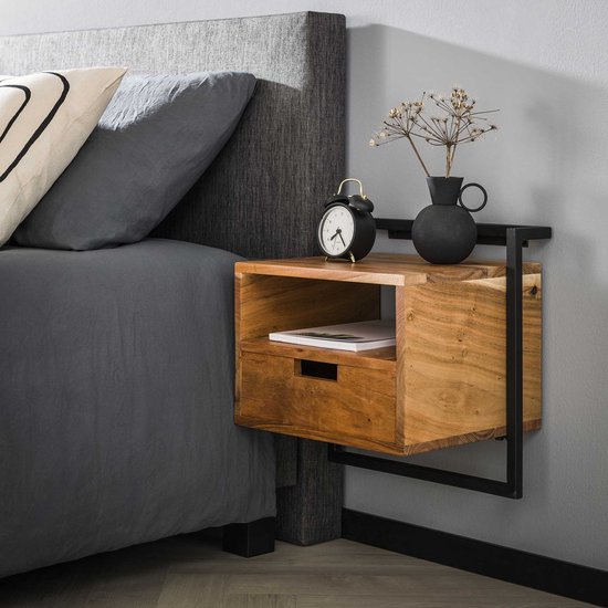 Massief acacia nachtkastje Air solid | 1 lade & open vak | 44x35x45 cm | natuurlijk design | slaapkamer | modern en stijlvol
