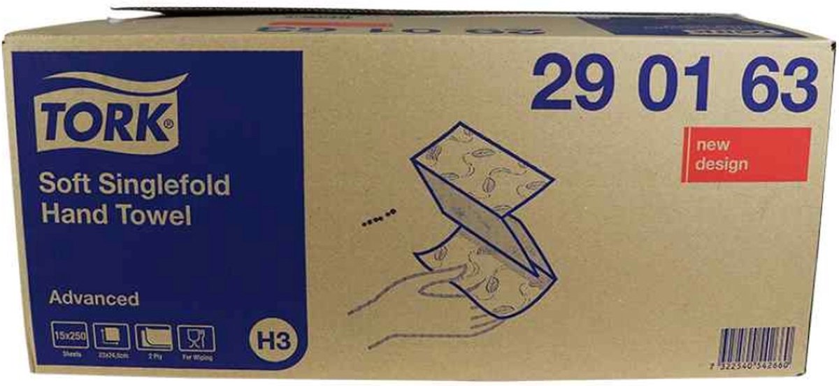 Voordeelverpakking 4 X Tork Zachte Z-vouw Handdoek Advanced, 2-laags, wit H3, 24,8x23cm, 15x250st. (290163)