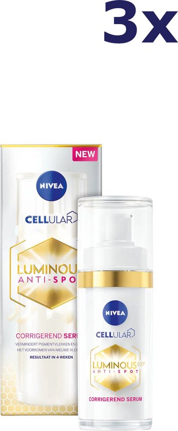 Drie flesjes Nivea Cellular Luminous 630 Anti-Spot corrigerend serum met pompje. De verpakking is wit met goud en celmotief.