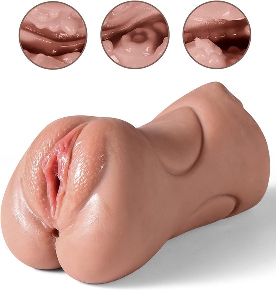 Realistische masturbator met roze vagina opening, met drie inzetstukken die de gedetailleerde interne texturen tonen.