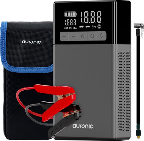 Auronic Jumpstarter - Avec Compresseur - 16 000 mAh - 1500A - Incl. Accessoires de vêtements pour bébé - Grijs/ Zwart