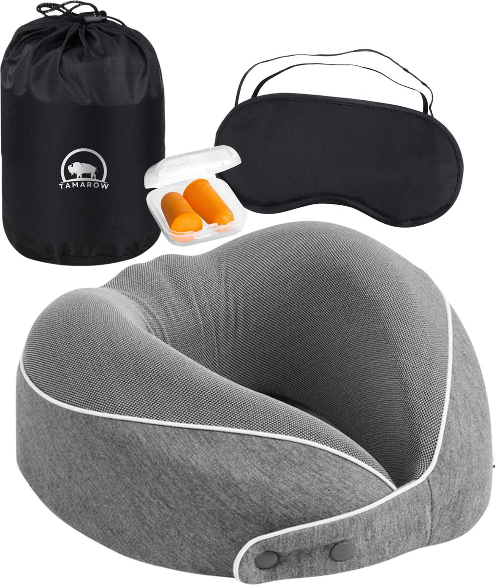 Tamarow Memory Foam Nekkussen - Ergonomisch Reiskussen voor Vliegtuig en Auto - Travel Pillow - Grijs