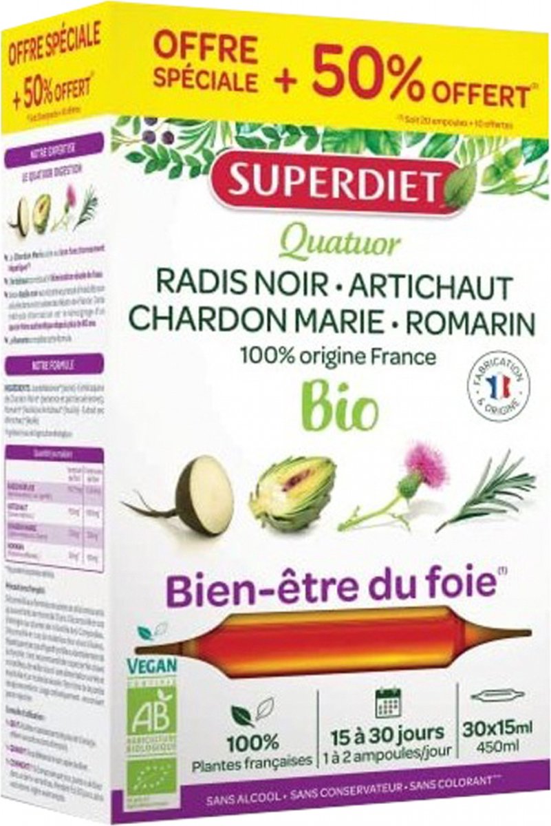 Goedkoopste Superdiet Quatuor Chardon Marie Digestion Bio 20 Ampullen 10 Gratis