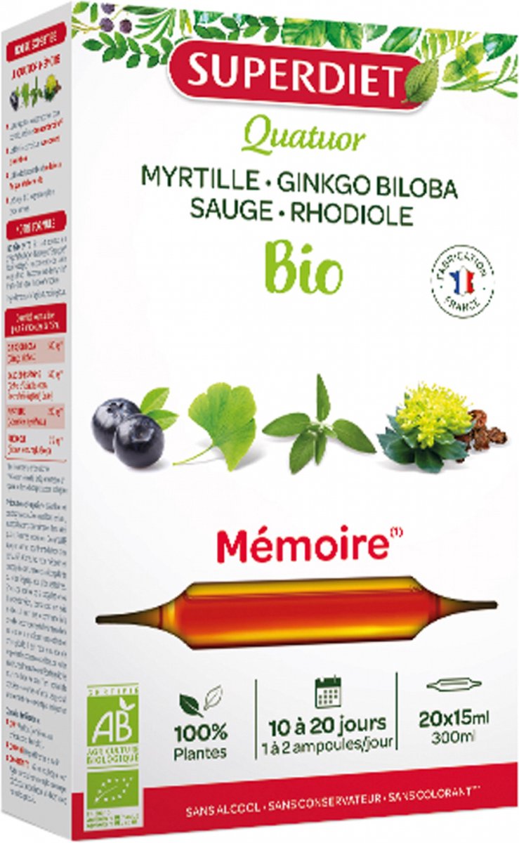 Goedkoopste Superdiet Quatuor Blauwe Bosbes, Rhodiola, Ginkgo Biloba, Salie Organisch 20 Ampullen