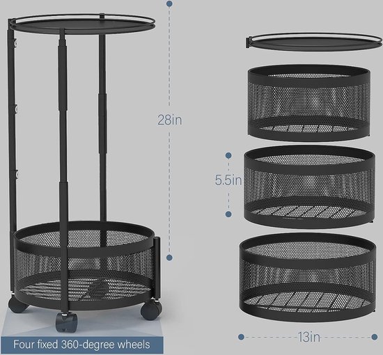 HshDUti Roterend opbergrek voor keuken, fruit- en groentemandkommen voor keuken met metalen bovendeksel, 5-laags cirkelvormige roterende mand, groot opbergrek met wielen, draadmand organizer, zwart
